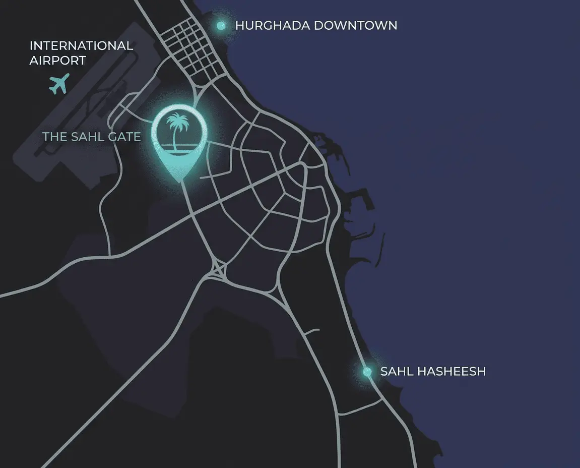 Map showing The Sahl Gate in relation to Hurghada Downtown, Senzo Mall, and Hurghada International Airport